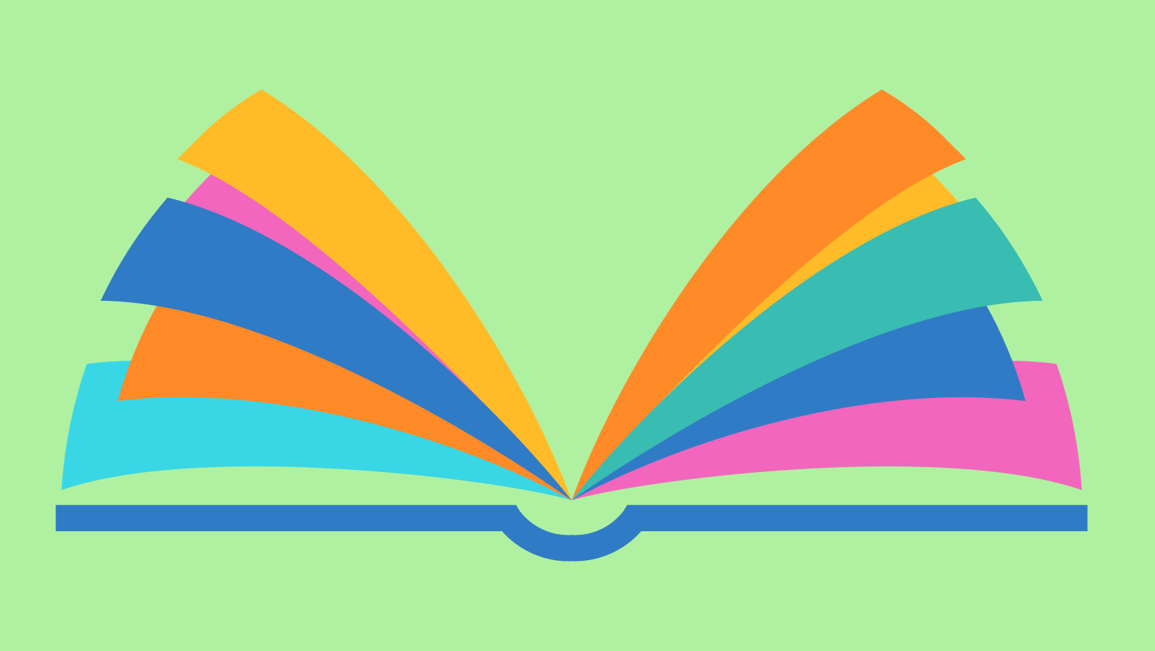 Graphic art of multi-colored book open with pages flipping out.