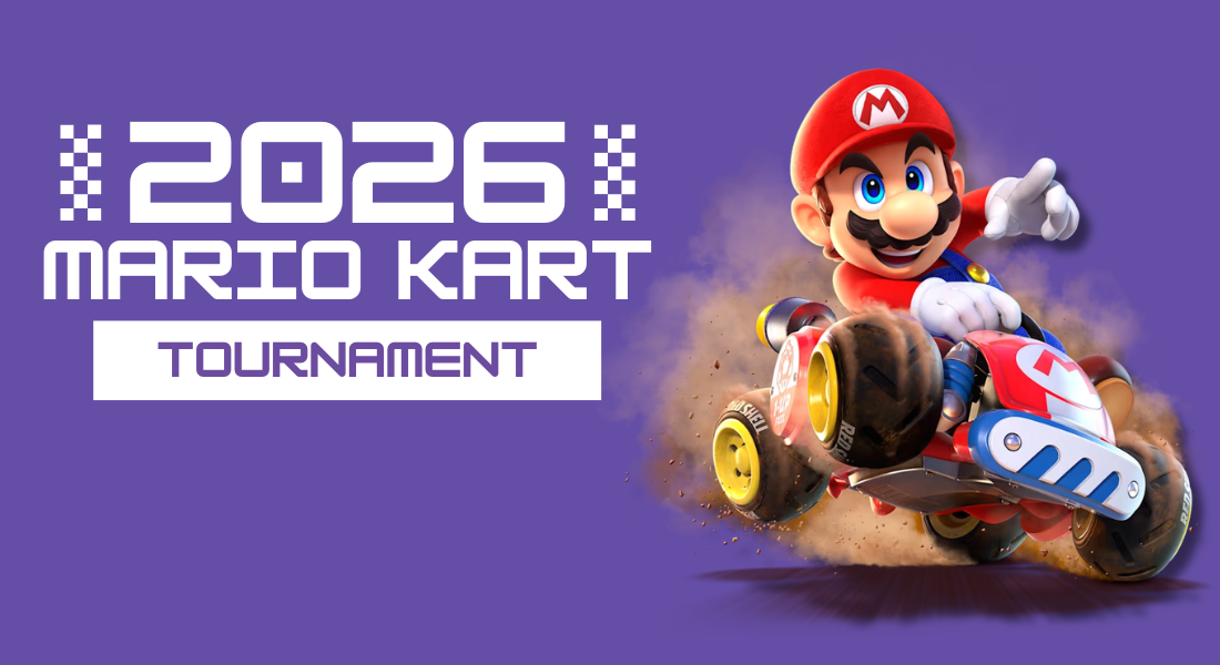 2026 Mario Kart Tournament promotional graphic featuring Mario driving a go-kart against a purple background.