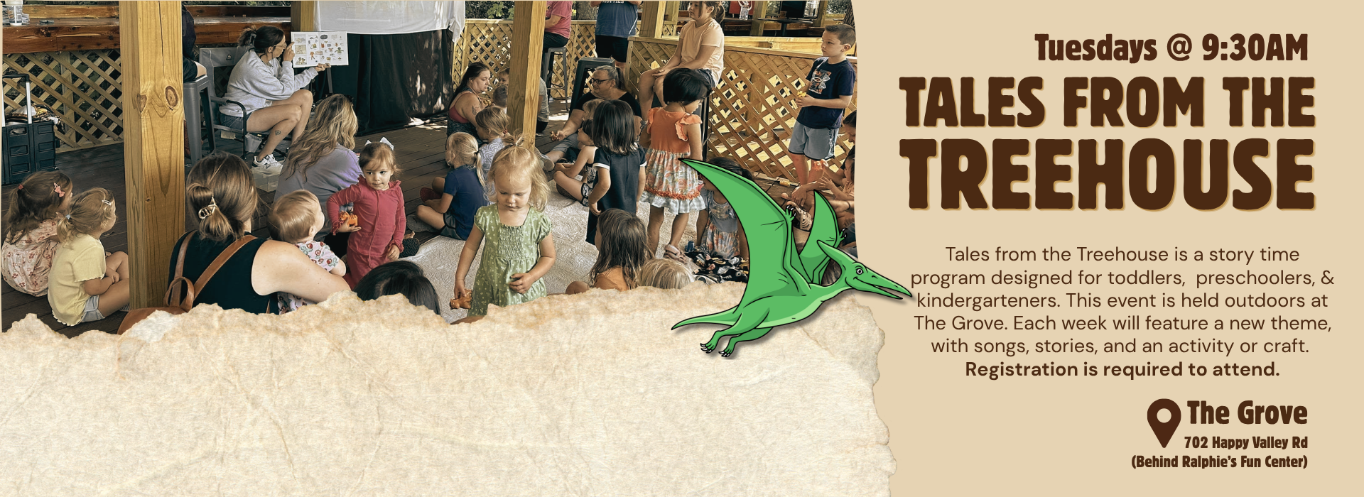 Children and adults gathered outdoors for a story time event at The Grove, with a reader showing a book to the group.