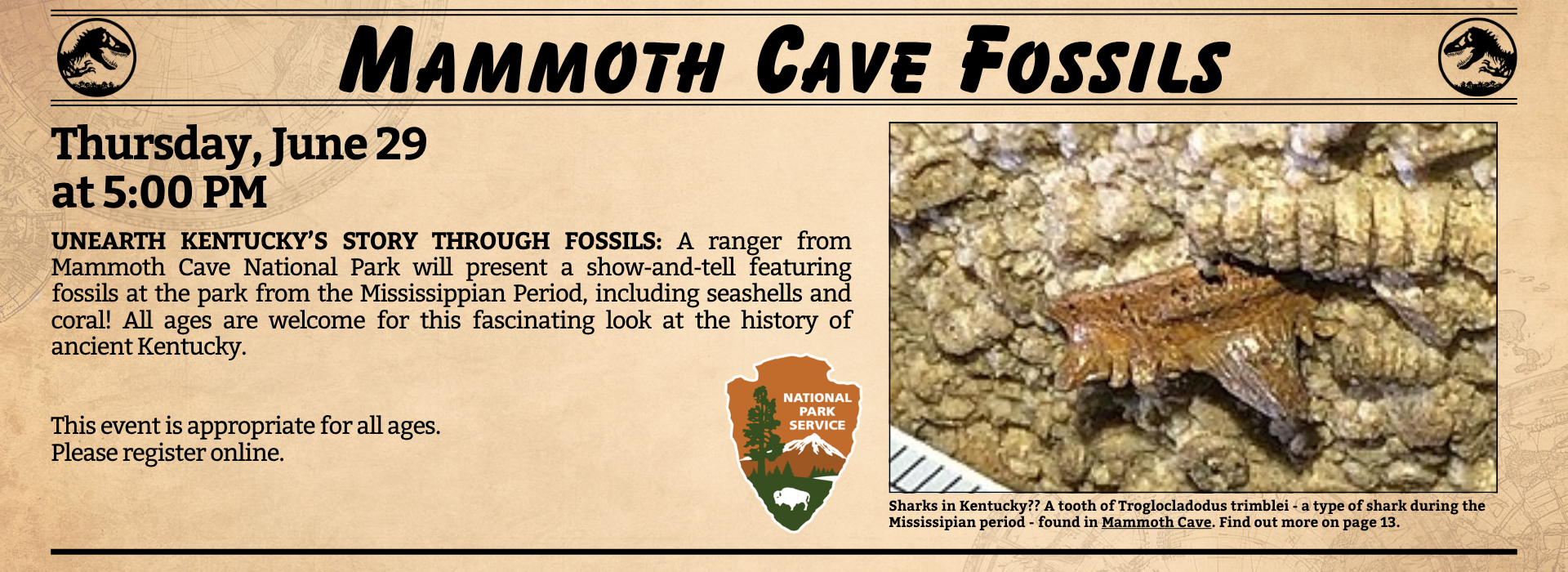 Mammoth Cave Fossils. Monday, June 25 at 5 PM.