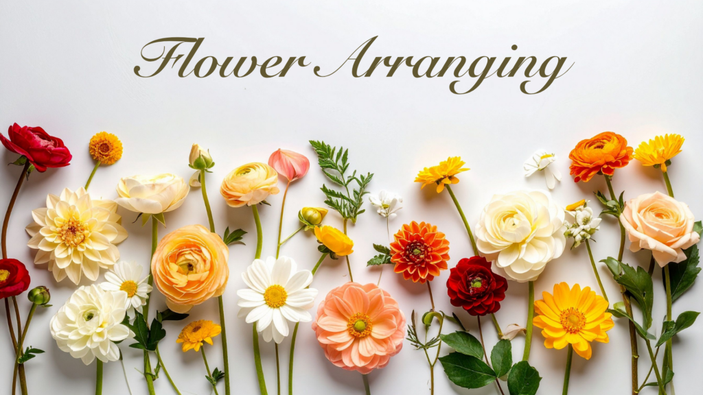 White, yellow, and orange flowers laid out on a white background with text that says "Flower Arranging."