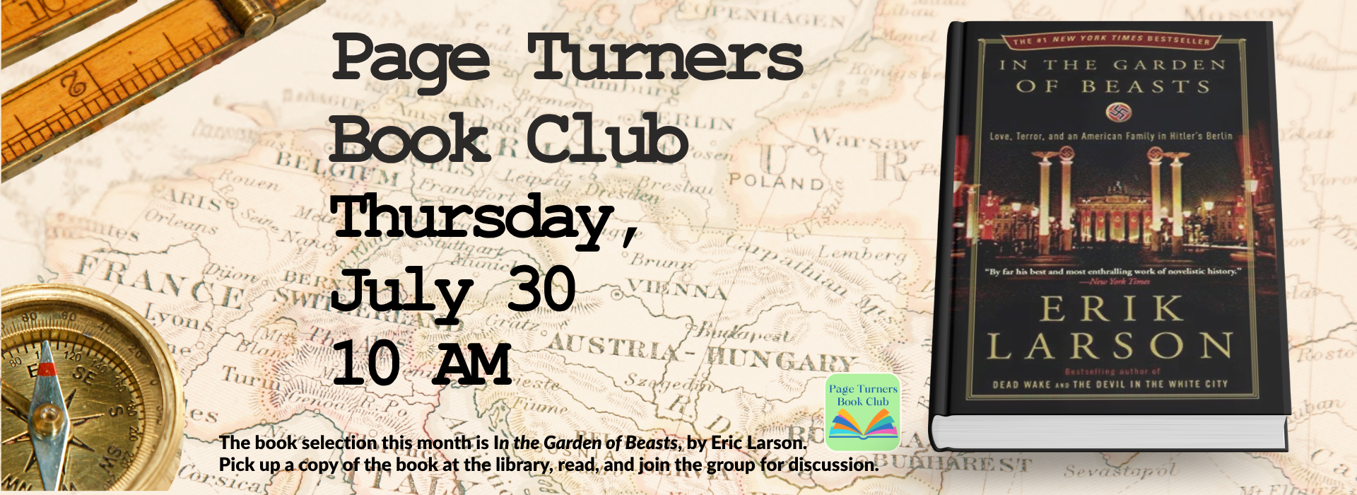 Picture of the book "In the Garden of Beasts." Text says, "Page Turners Book Club, Thursday, July 30, 10:00 AM."