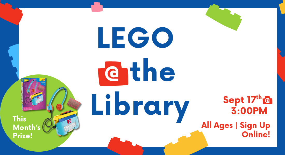 Blue graphic with the text "Lego @ the Library."