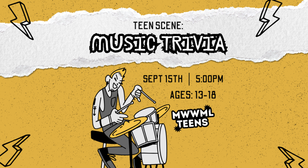Yellow graphic with text "Teen Scene: Music Trivia."