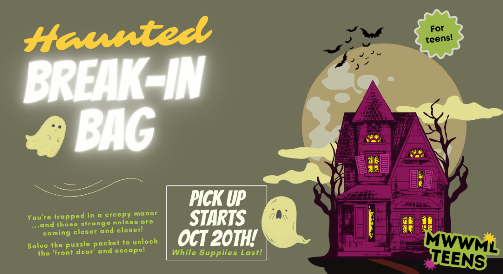 Halloween-themed “Haunted Break-In Bag” graphic featuring a purple haunted manor, full moon, bats, ghosts, and pickup information for teens.