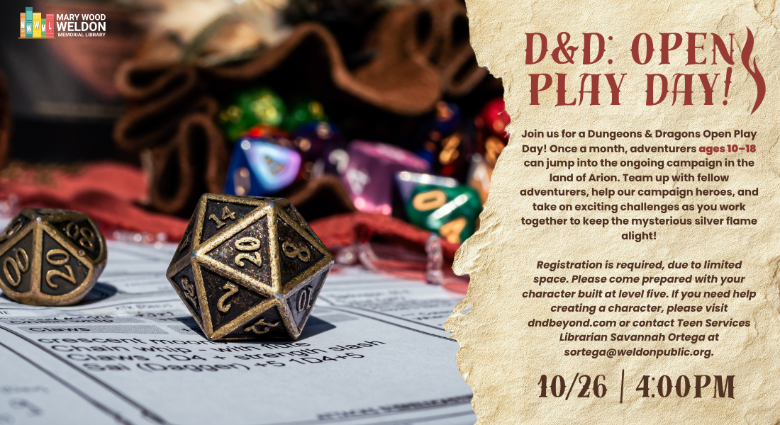 Promotional flyer for a Dungeons & Dragons Open Play Day, featuring tabletop dice, character sheets, and event details for October 26 at 4:00 PM.