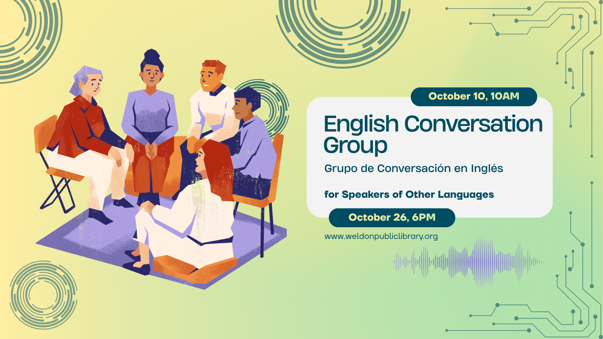 Graphic shows diverse group in a conversation circle. Text says, "English Conversation Group/Grupo de Conversacion en Ingles. October 10, 10:00 AM and October 26, 6:00 PM."