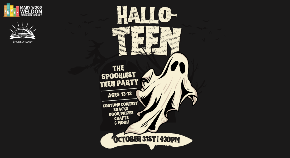 Halloween teen party poster featuring a cartoon ghost, bat silhouettes, and event details for October 31st at 4:30 PM.