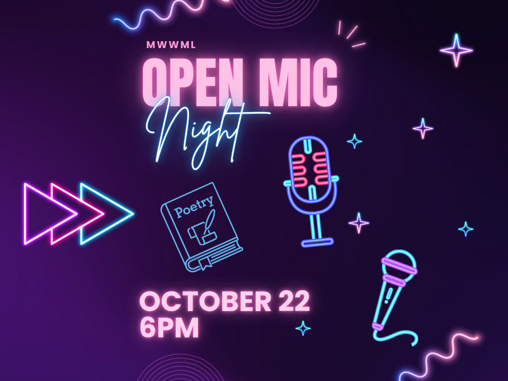 Neon images of microphones and poetry book on dark purple background. Text says, "Open Mic Night, October 22, 6:00 PM."