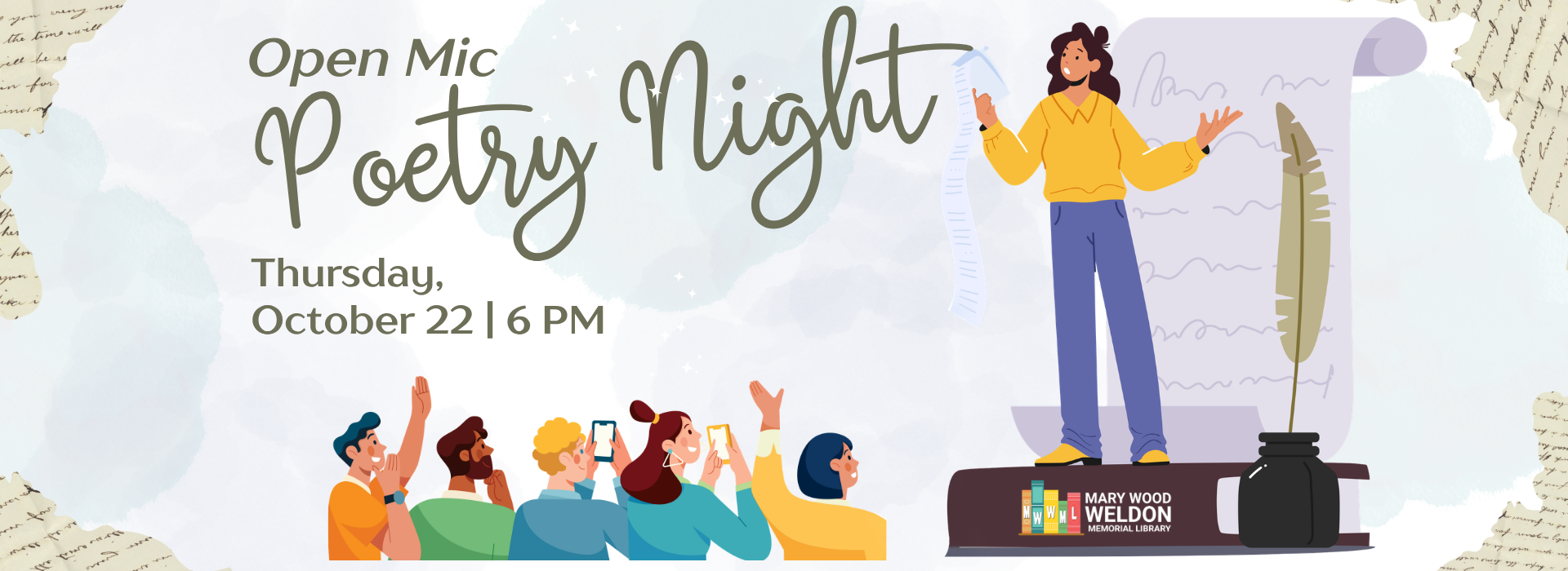 A cartoon-style drawing of woman standing on a stage made of a book on it's side, with an audience watching with hands raised or taking photos. The text says, "Open Mic Poetry Night, Thursday, October 22, 6:00 PM."