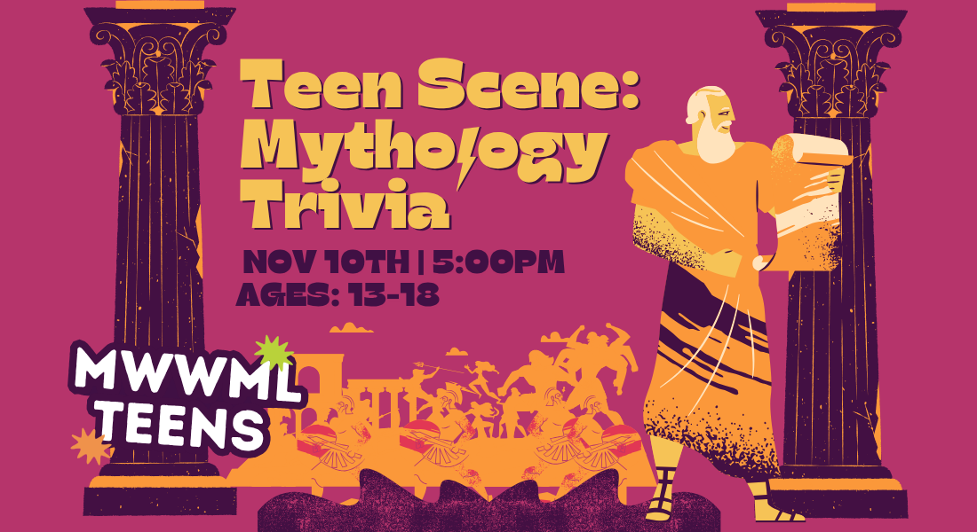 Mythology trivia event poster for teens ages 13–18, featuring Greek columns, an orange-robed bearded figure, and classical-style silhouettes.