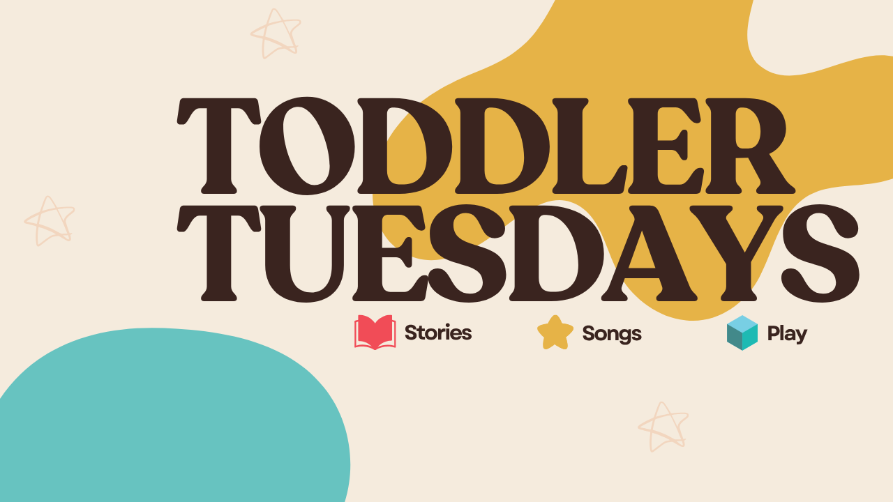 Logo for "Toddler Tuesdays," a weekly program designed for toddlers featuring engaging stories and activities.